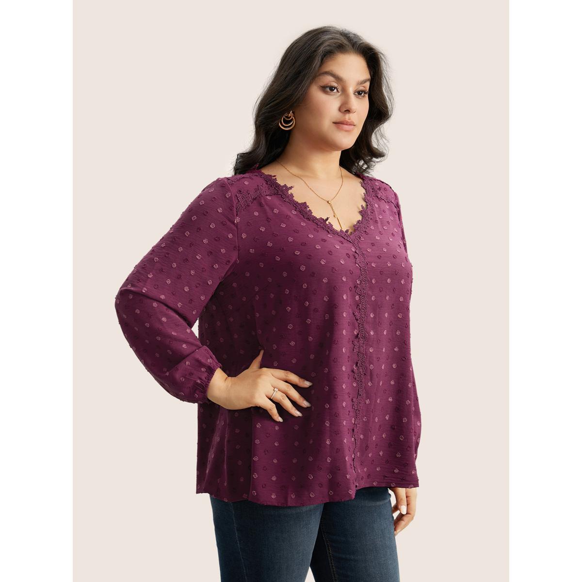 Plus Size Purple Plisse Eyelet Lace Elastic Cuffs Blouse Women Elegant Long Sleeve V-neck Everyday Blouses BloomChic 28/5X Product Image