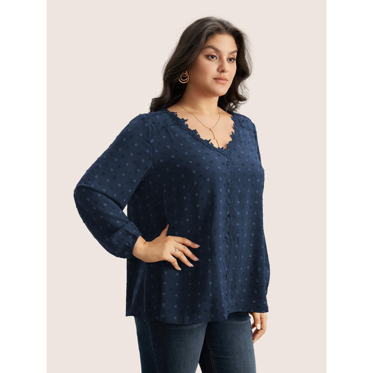 Plus Size Indigo Plisse Eyelet Lace Elastic Cuffs Blouse Women Elegant Long Sleeve V-neck Everyday Blouses BloomChic 14-16/1X Product Image