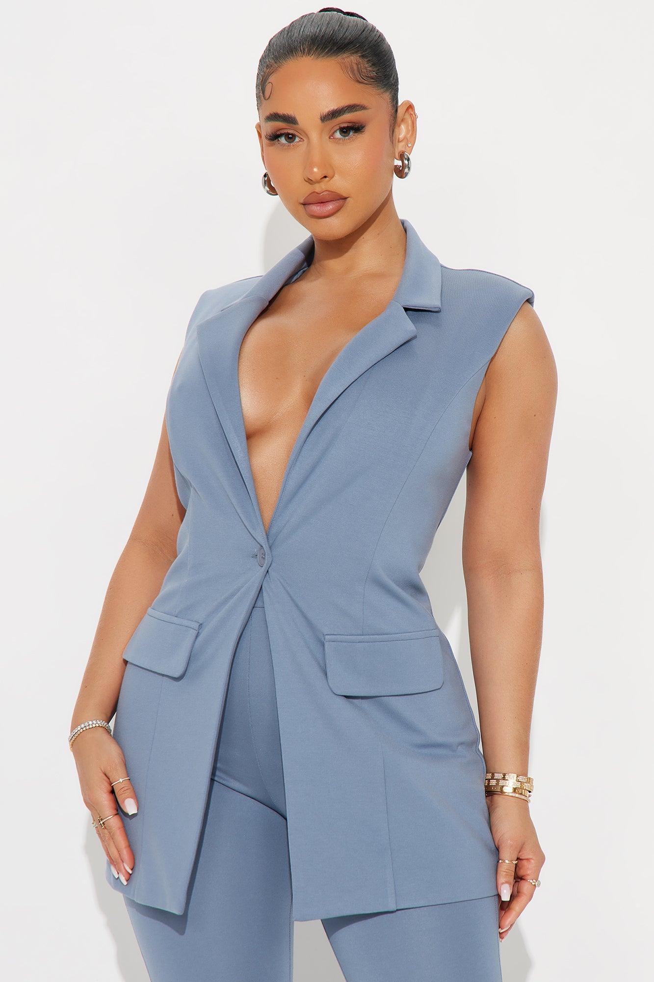 The Mia Double Lined Ponte Long Vest Pant Set - Dusty Blue Product Image