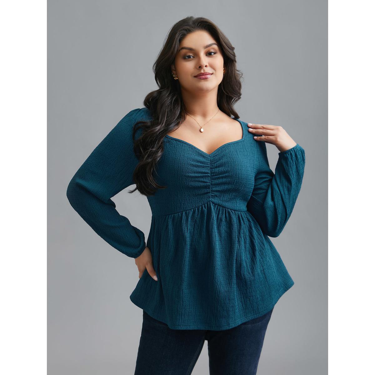 Plus Size Aegean Heart Neckline Solid Gathered Blouse Women Elegant Long Sleeve Heart neckline Everyday Blouses BloomChic 30/6X Product Image