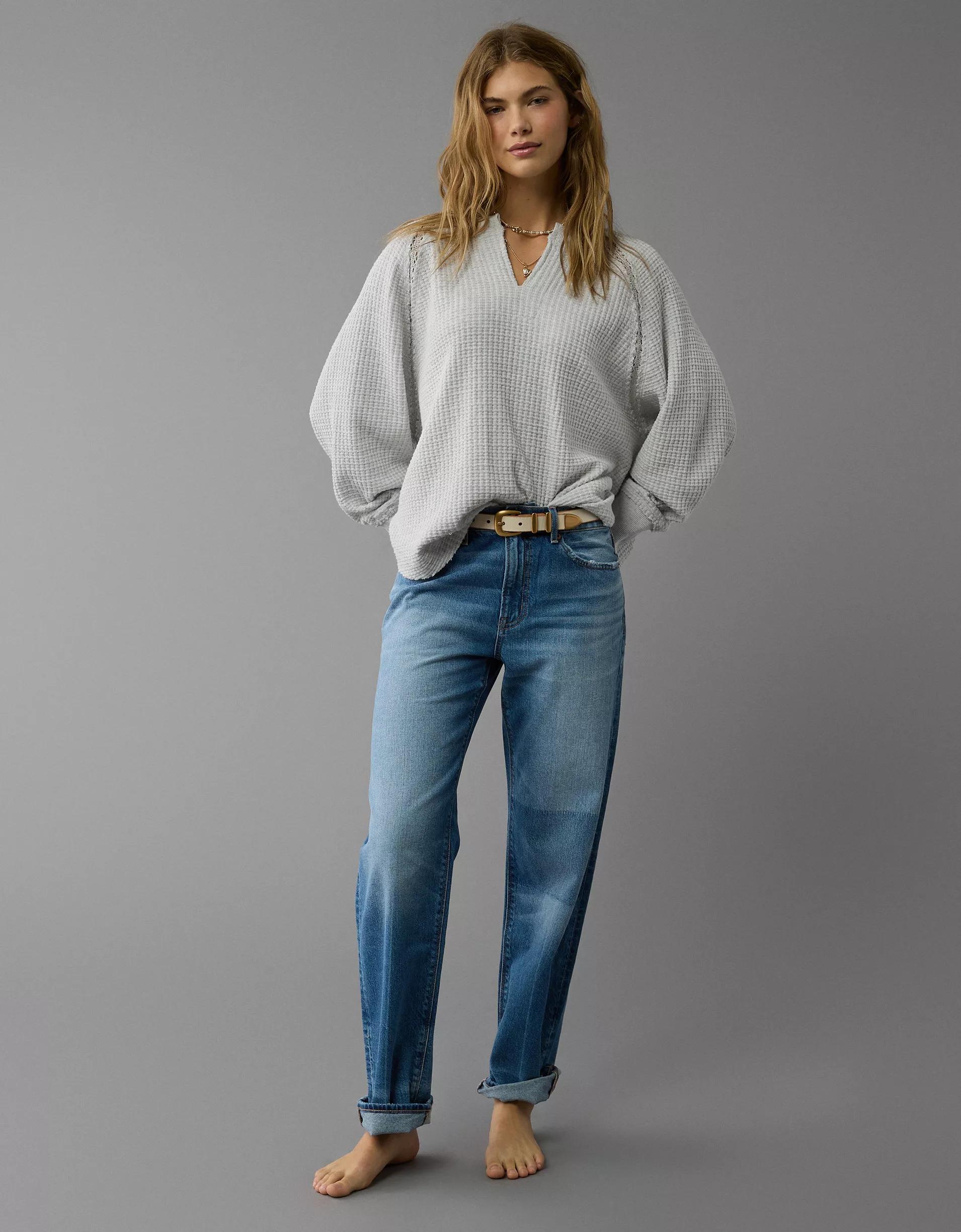 AE Big Hug Notch Neck Waffle Sweatshirt Product Image