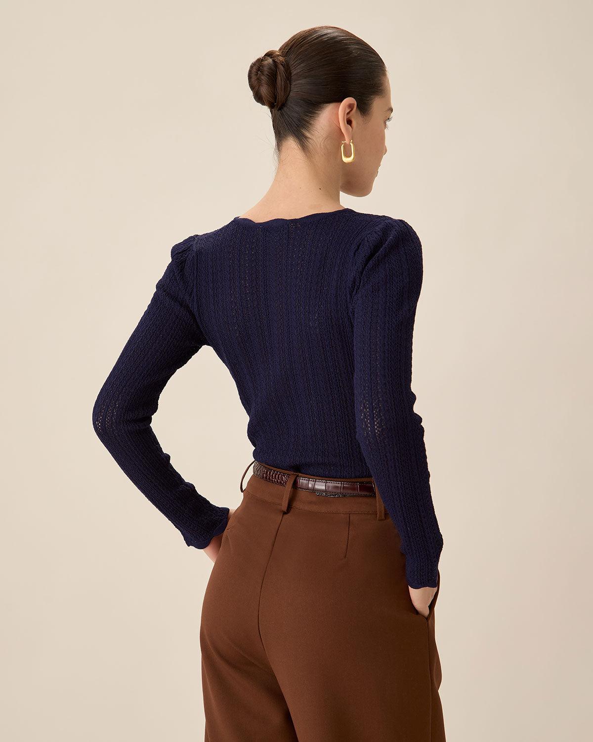 Navy Round Neck Slim Sweater Product Image