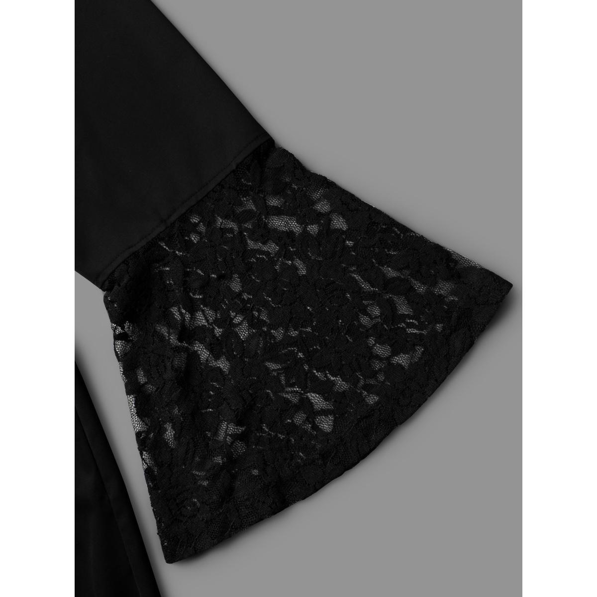 Plus Size Lace Patchwork Button Detail Tie Knot Dress Black Women Cocktail Woven ribbon&lace trim Party Curvy Bloomchic 18-20/2X Product Image