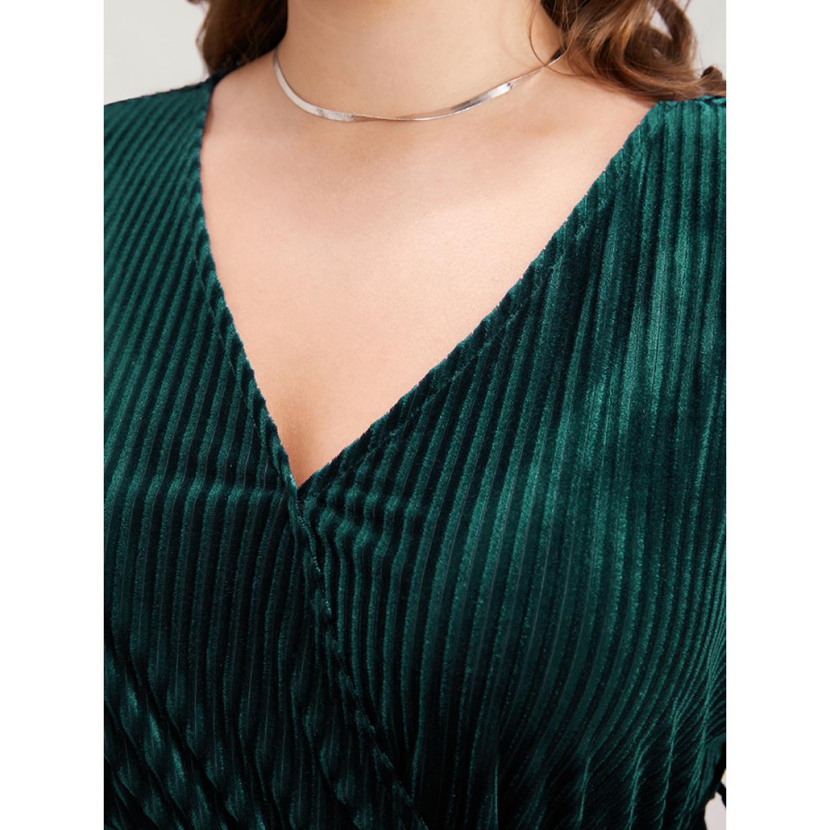 Plus Size Striped Velvet Pocket Lantern Sleeve Belted Wrap Dress DarkGreen Women Glamour Pocket V-neck Long Sleeve Curvy Midi Dress BloomChic 22-24/3X Product Image