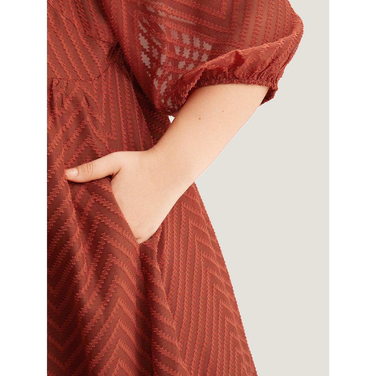 Plus Size Plisse Solid Square Neck Lantern Sleeve Dress Rust Women Office Lined Square Neck Half Sleeve Curvy Midi Dress BloomChic 18-20/2X Product Image