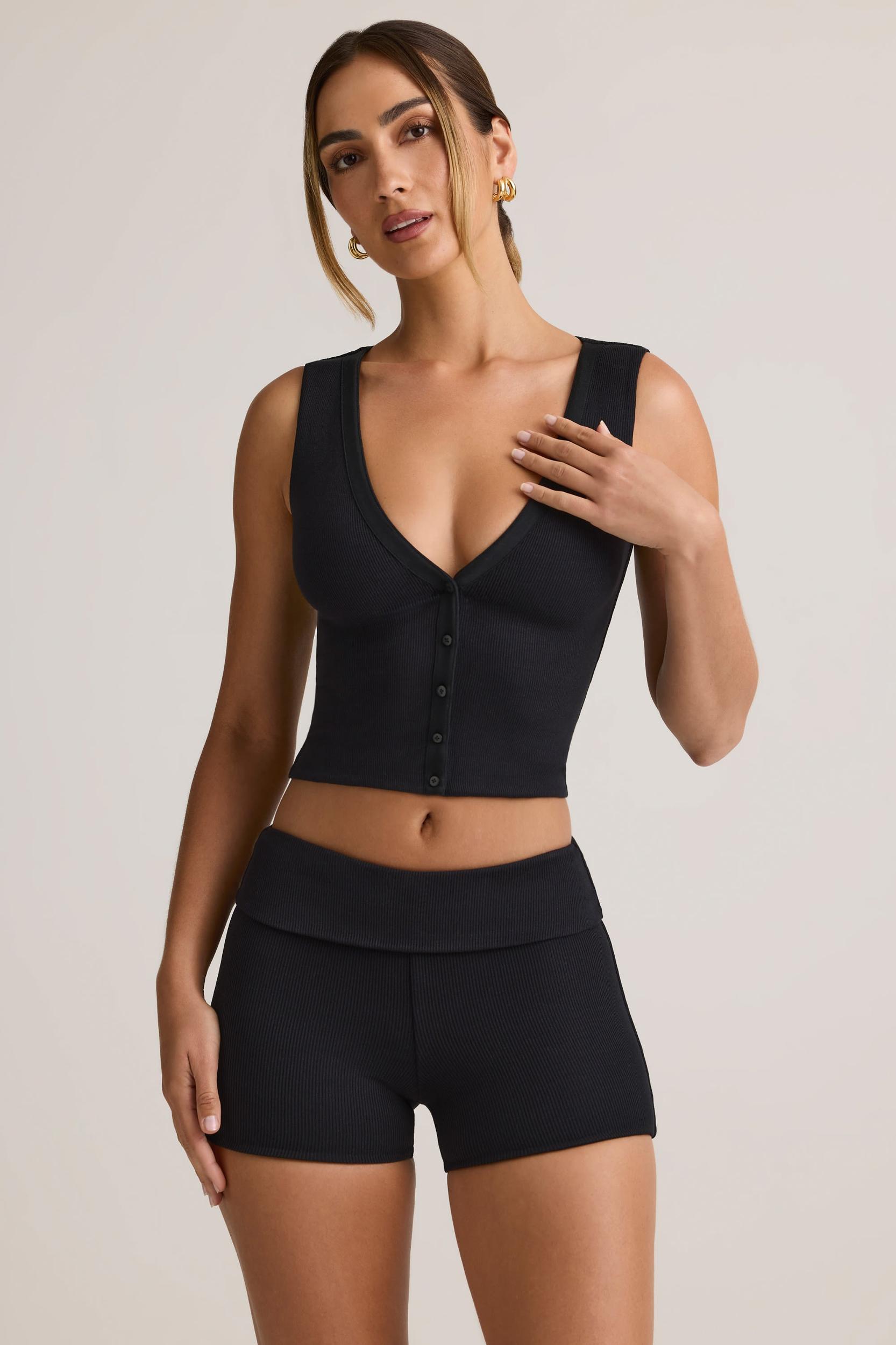 Modal Ribbed Button-Up Vest Top in Black Product Image