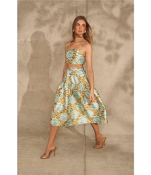 1. STATE Sketched Floral Print Round Twill Square Neck Sleeveless Spaghetti Strap Coordinating Cropped Top Product Image