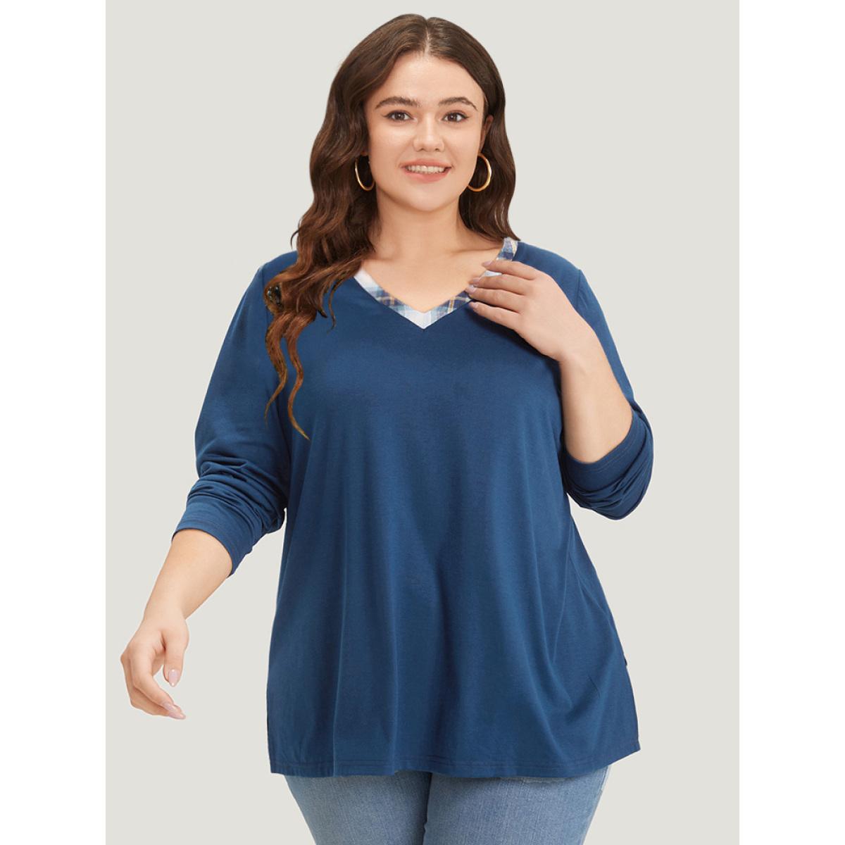 Plus Size Plaid Patchwork V Neck Split Side T-shirt Indigo Women Casual Patchwork Gingham V-neck Dailywear T-shirts BloomChic 26/4X Product Image