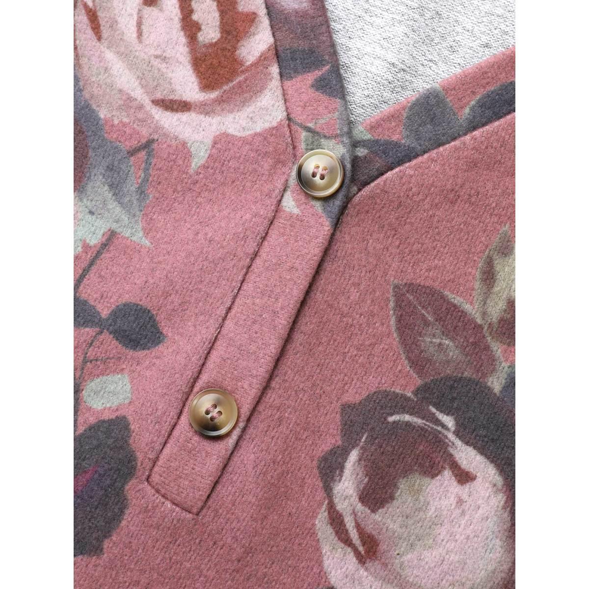 Plus Size V Neck Floral Print Button Up T-shirt DustyPink Women Casual Button Natural Flowers V-neck Everyday T-shirts BloomChic 14-16/1X Product Image