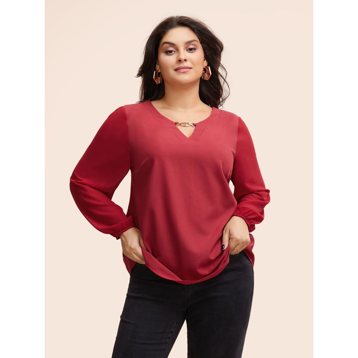Plus Size Scarlet Metal Chain Detail Lantern Sleeve Blouse Women Elegant Long Sleeve V-neck Everyday Blouses BloomChic 18-20/2X Product Image