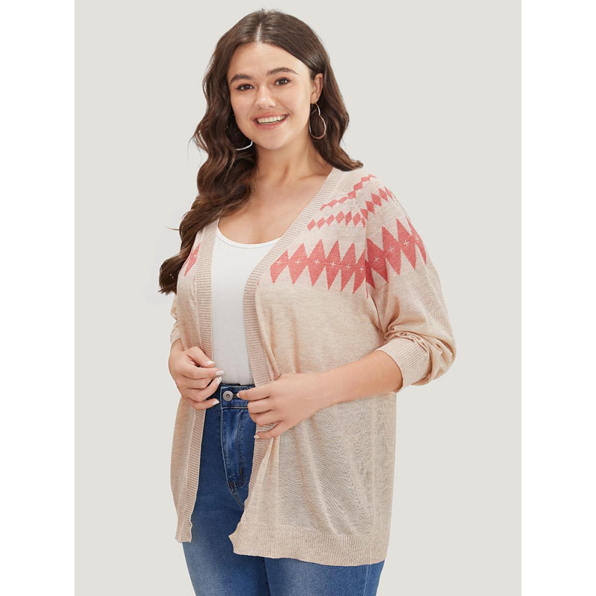 Plus Size Geometric Print Raglan Sleeve Open Front Cardigan Champagne Women Casual Loose Long Sleeve Everyday Cardigans BloomChic 10/M Product Image