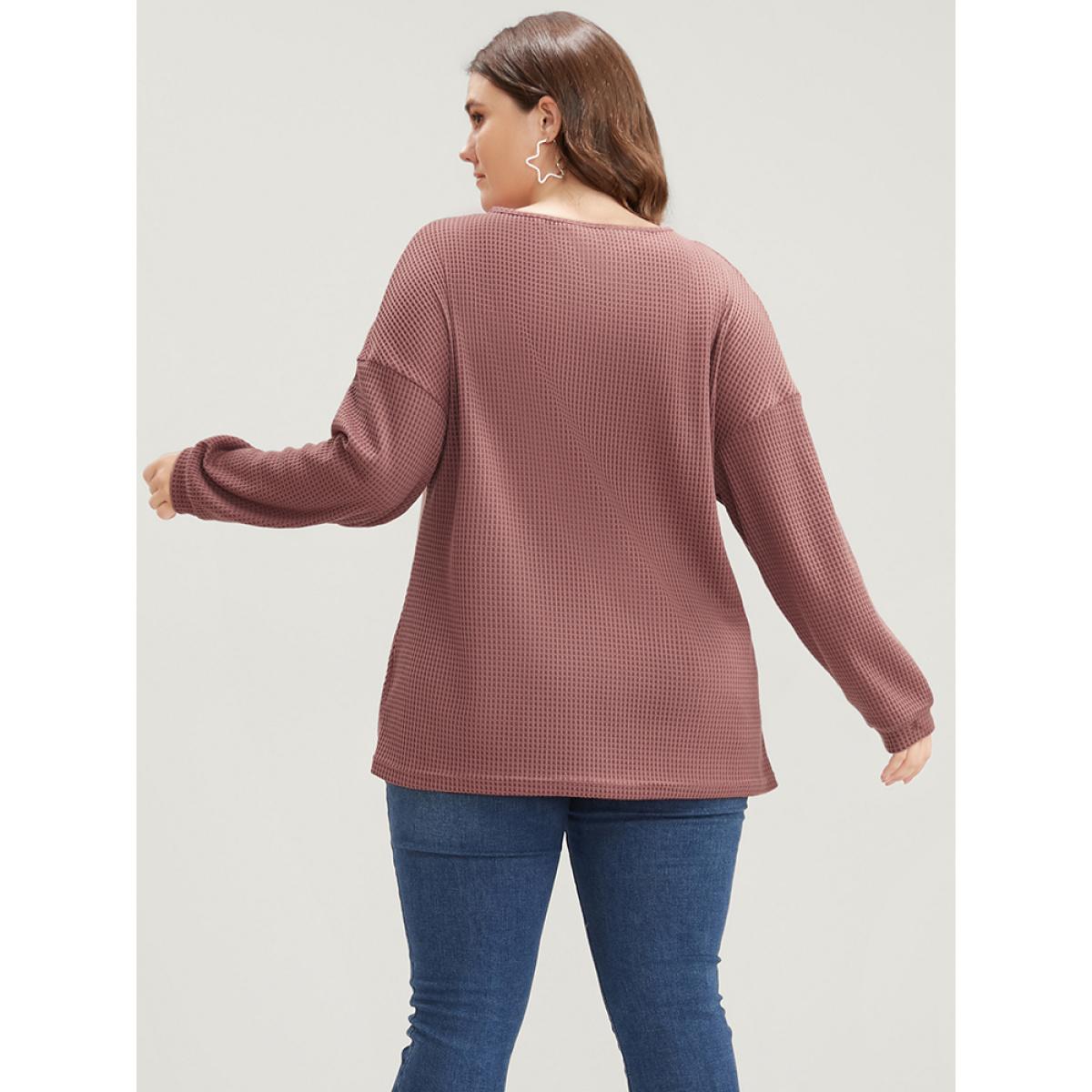 Plus Size Solid V Neck Twist Front Waffle Knit Sweatshirt Women DustyPink Elegant Asymmetrical V-neck Dailywear Sweatshirts BloomChic 14-16/1X Product Image
