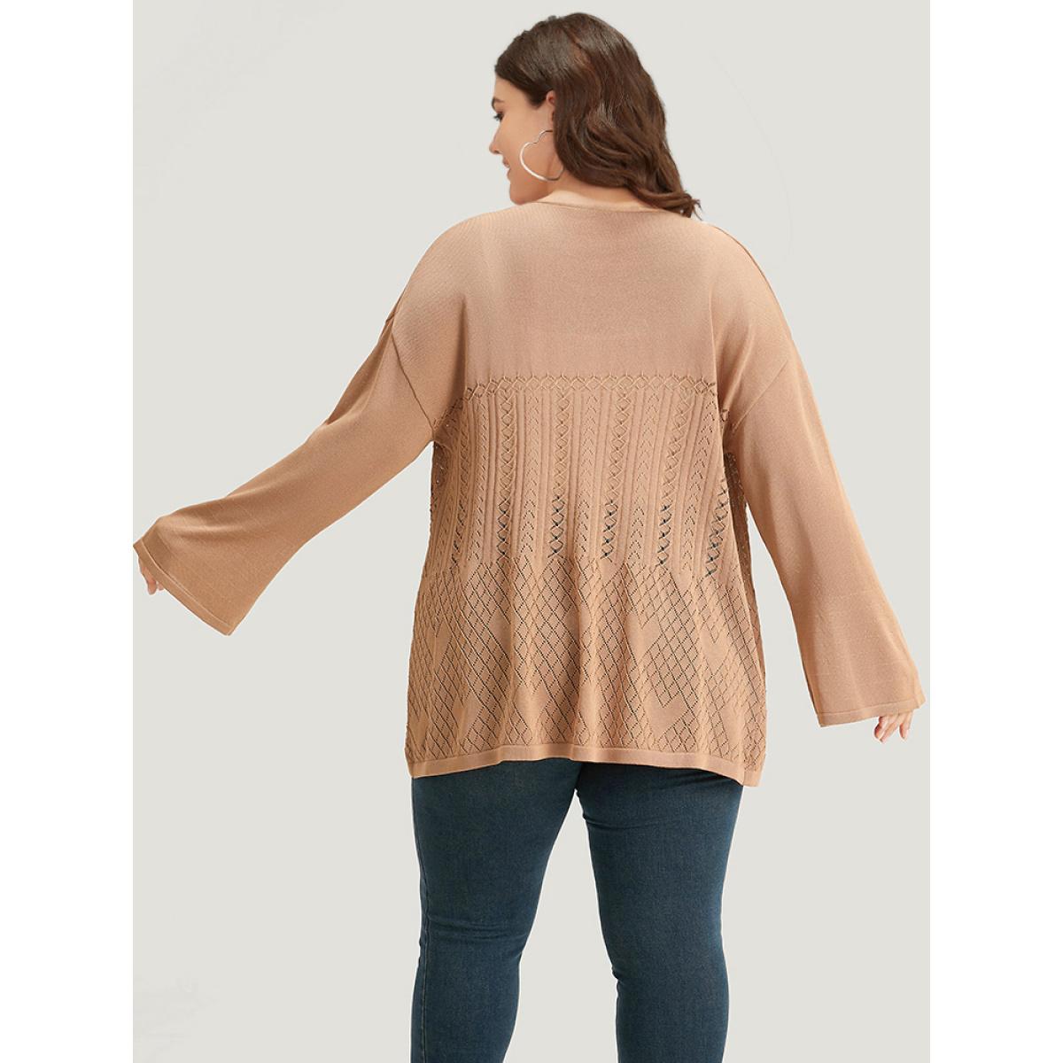 Plus Size Geometric Hollow Out Button Up Cardigan Tan Women Casual Loose Long Sleeve Everyday Cardigans BloomChic 18-20/2X Product Image