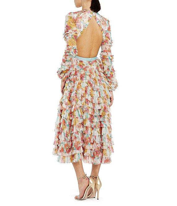 Mac Duggal Round Neck Cut Out Long Sleeve Tiered Ruffle Printed Chiffon Aline Midi Dress Product Image