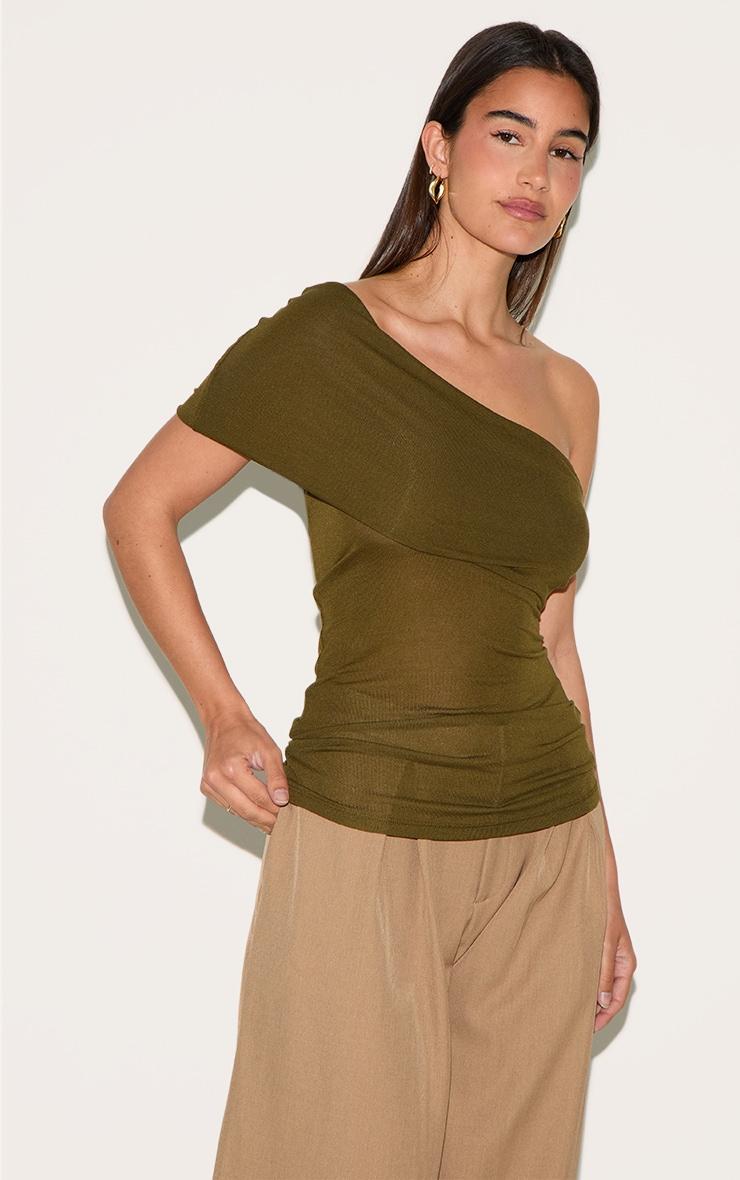 Olive Sheer Soft Touch Fold Over Detail One Shoulder Long Top Product Image