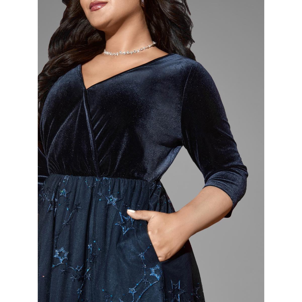 Plus Size Velvet Star Mesh Surplice Neckline Midi Dress DarkBlue Women Cocktail Texture Party Curvy Bloomchic 22-24/3X Product Image