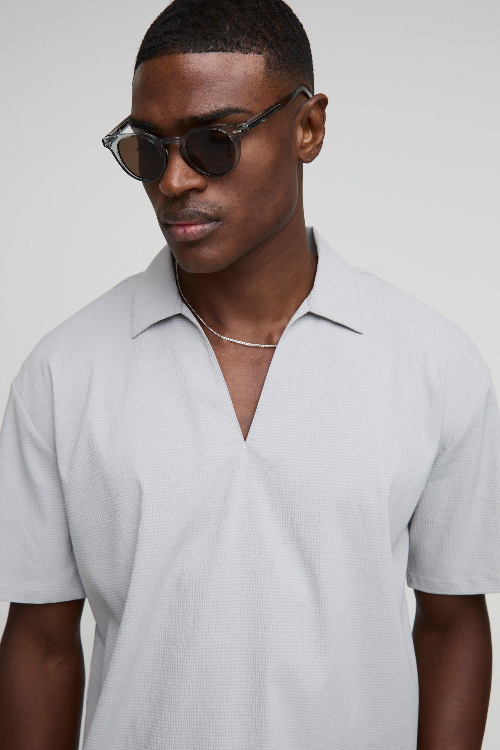 Oversized Overhead V-Neck Stripe Seersucker Shirt & Short Set | boohooMAN USA Product Image