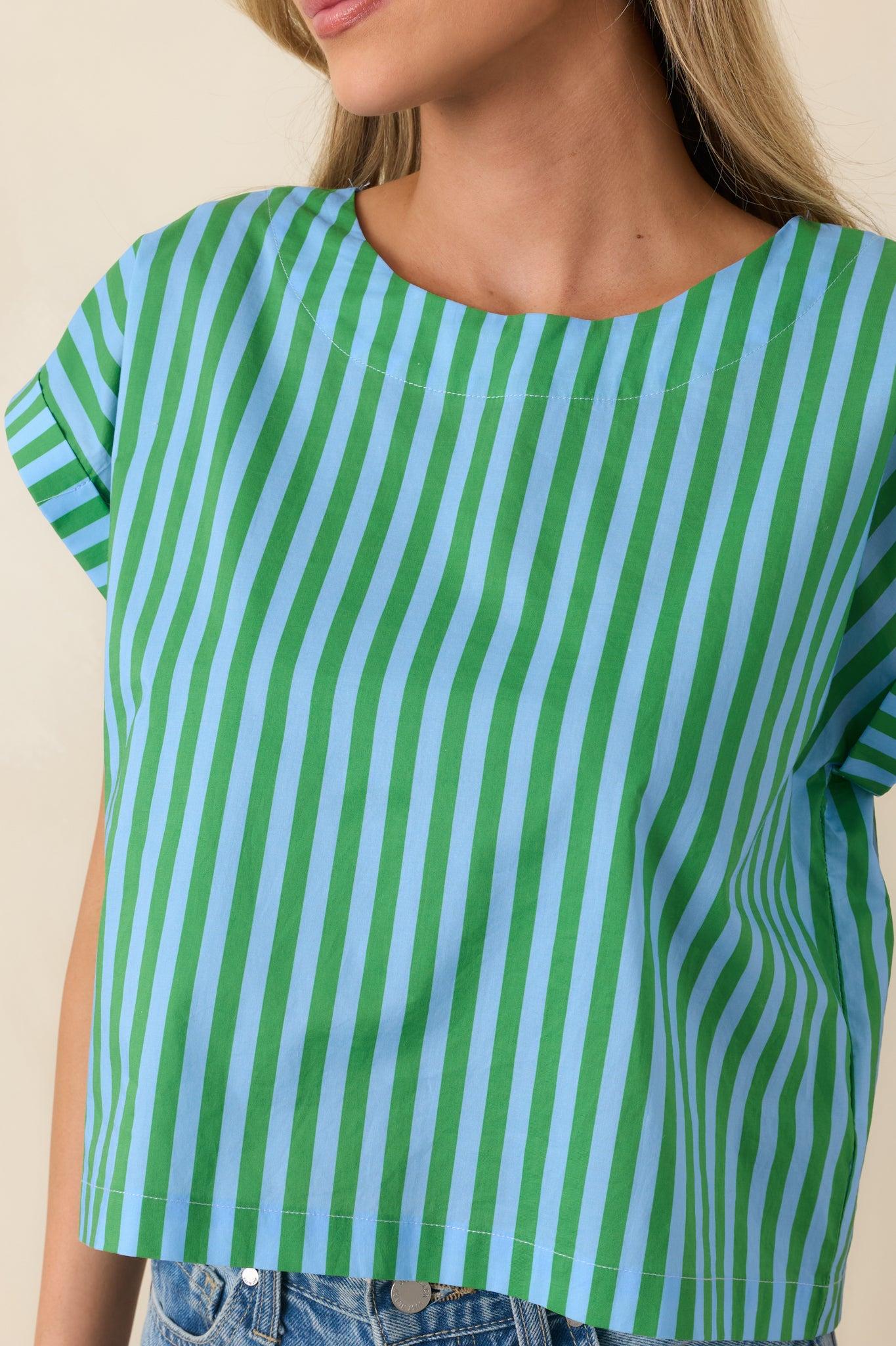 Making Moves Blue & Green Stripe Boxy Cotton Top Product Image