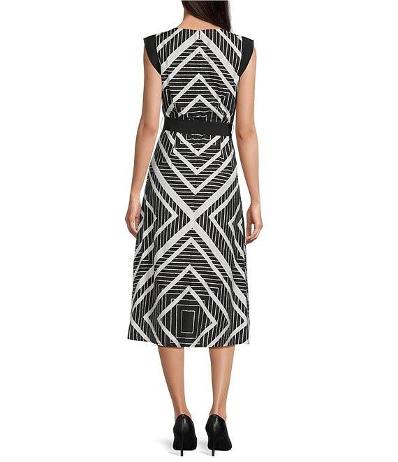 KARL LAGERFELD PARIS Textured Abstract Print V-Neck Sleeveless Belted Midi A-Line Dress Product Image