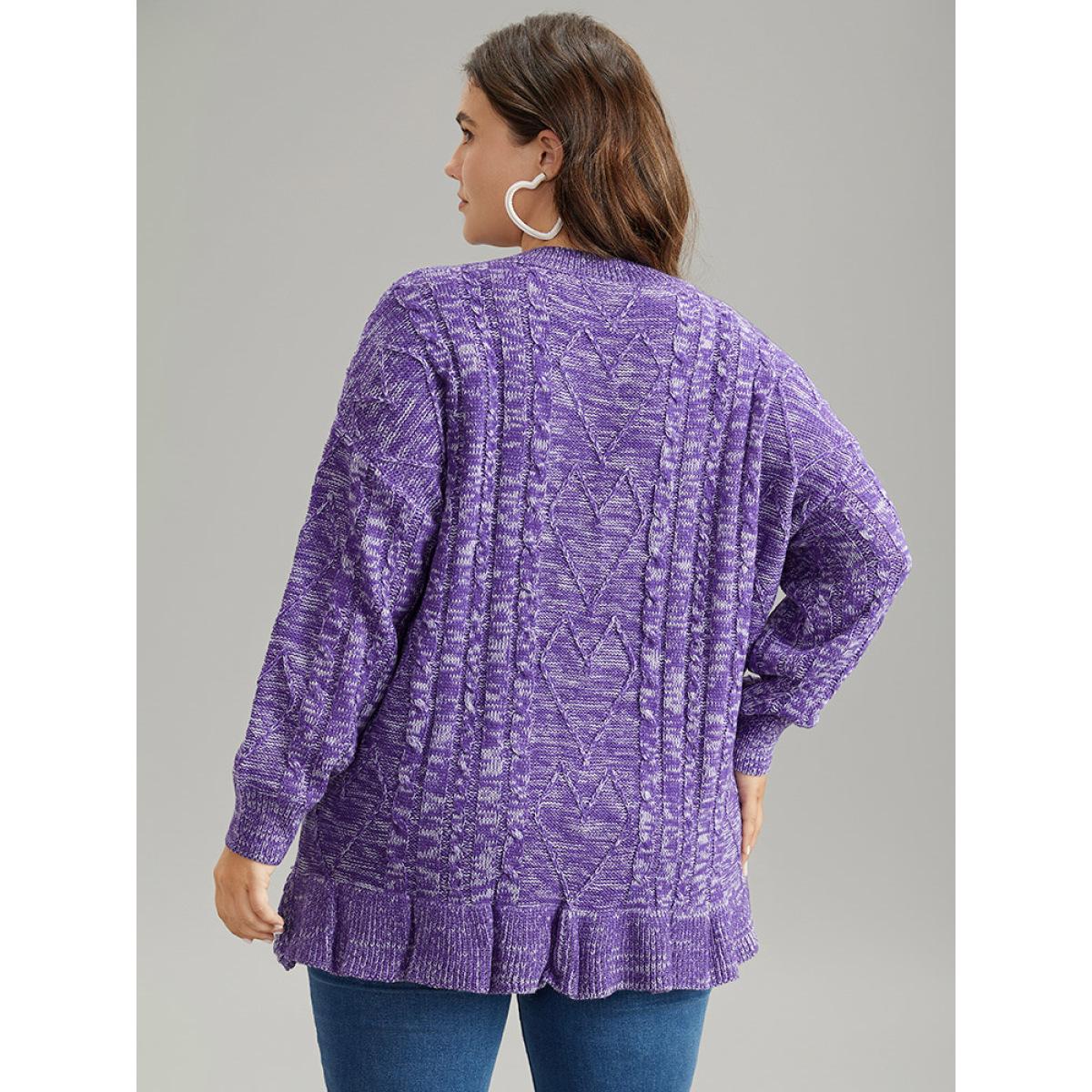 Plus Size Heather Flutter Hem Cable Knit Pullover BlueViolet Women Casual Loose Long Sleeve Round Neck Dailywear Pullovers BloomChic 12/L Product Image