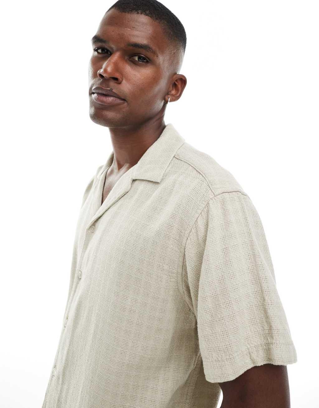 ONLY & SONS short sleeve linen mix textured shirt in beige Product Image