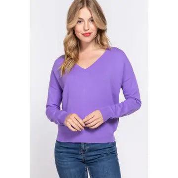 Purple Long Sleeve V-Neck Back Cross Strap Viscose Sweater Product Image