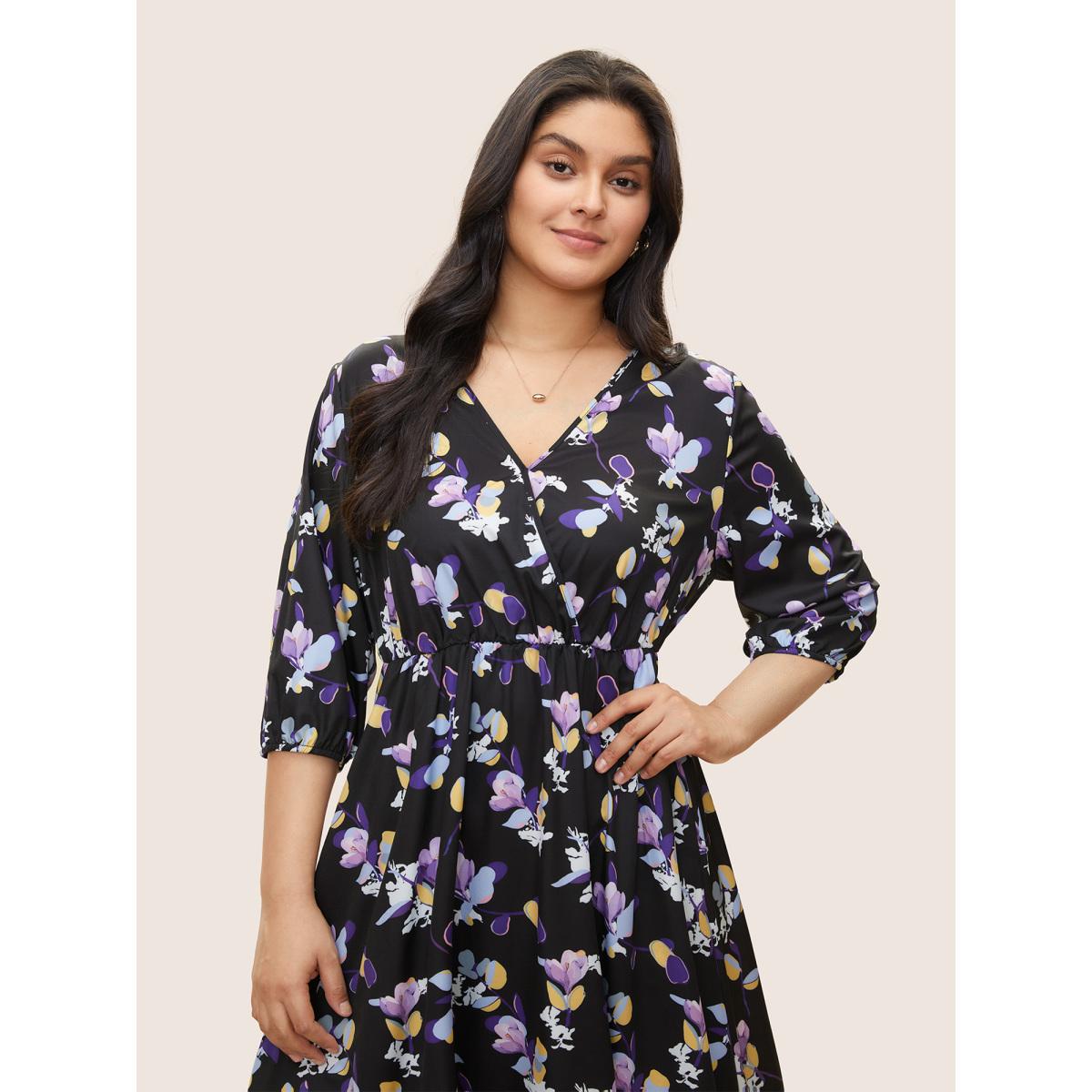 Plus Size Floral Wrap Elastic Waist Lantern Sleeve Cropped Dress Black Women Elegant Non Overlap Collar Elbow-length sleeve Curvy Midi Dress BloomChic 22-24/3X Product Image