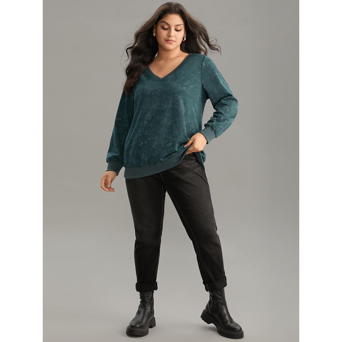 Plus Size Vintage Heather V Neck Rib Knit Sweatshirt Women DarkGreen Casual Rib Knit V-neck Dailywear Sweatshirts BloomChic 22-24/3X Product Image