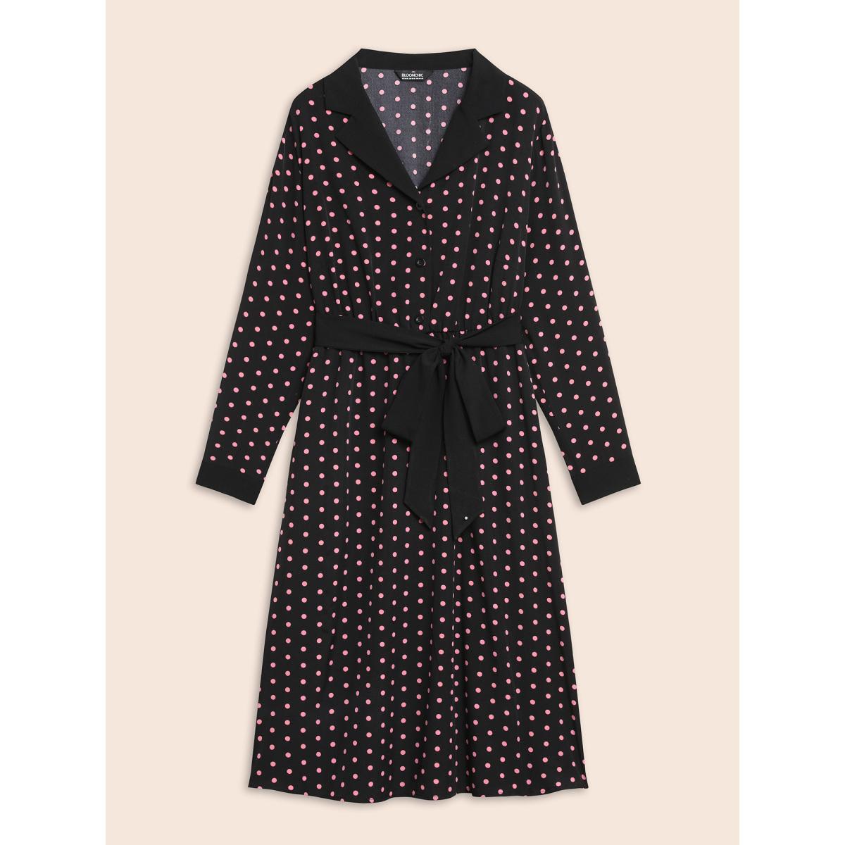 Plus Size Polka Dot Suit Collar Belted Dress Black Women Elegant Belted Suit Collar Long Sleeve Curvy BloomChic 12/L Product Image