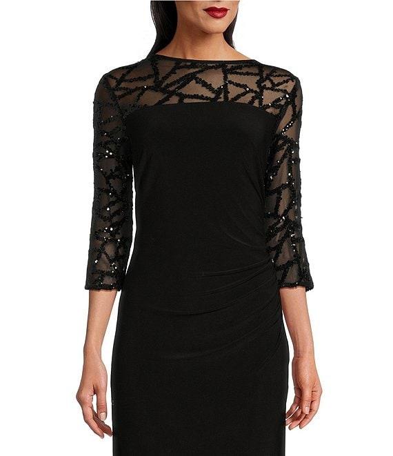 Le Bos Stretch Sequin Lace Mesh Crew Neck 3/4 Illusion Sleeves Back Slit Column Dress Product Image