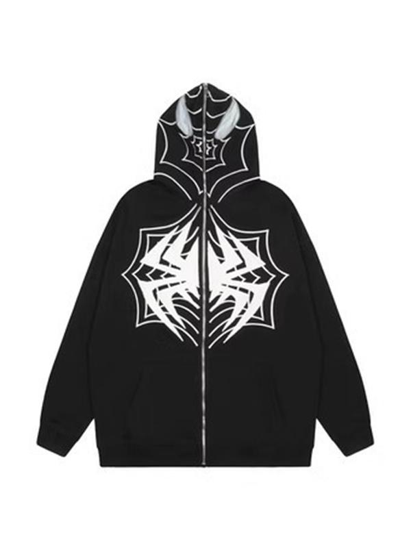 Contrast Color Spider Print Full Zip Oversized Hoodie Product Image