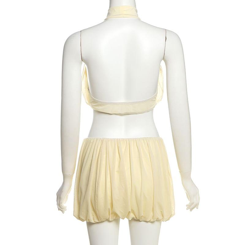 Set: Halter Mock Neck Plain Crop Top + Elastic Waist Mini Balloon Skirt Product Image