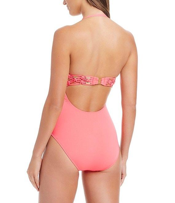 Bleu Rod Beattie La Cote D'Azur Solid Sweetheart Neck Macrame Open Back Bandeau One Piece Swimsuit Product Image