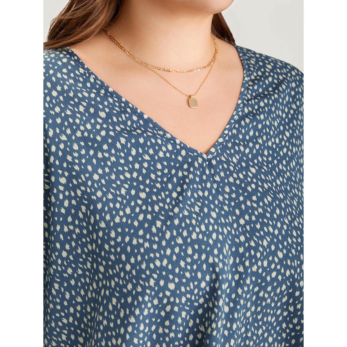 Plus Size Stone Leopard Print Ruffle Trim Asymmetrical Hem Batwing Sleeve Blouse Women Elegant Half Sleeve V-neck Dailywear Blouses BloomChic 10/M Product Image