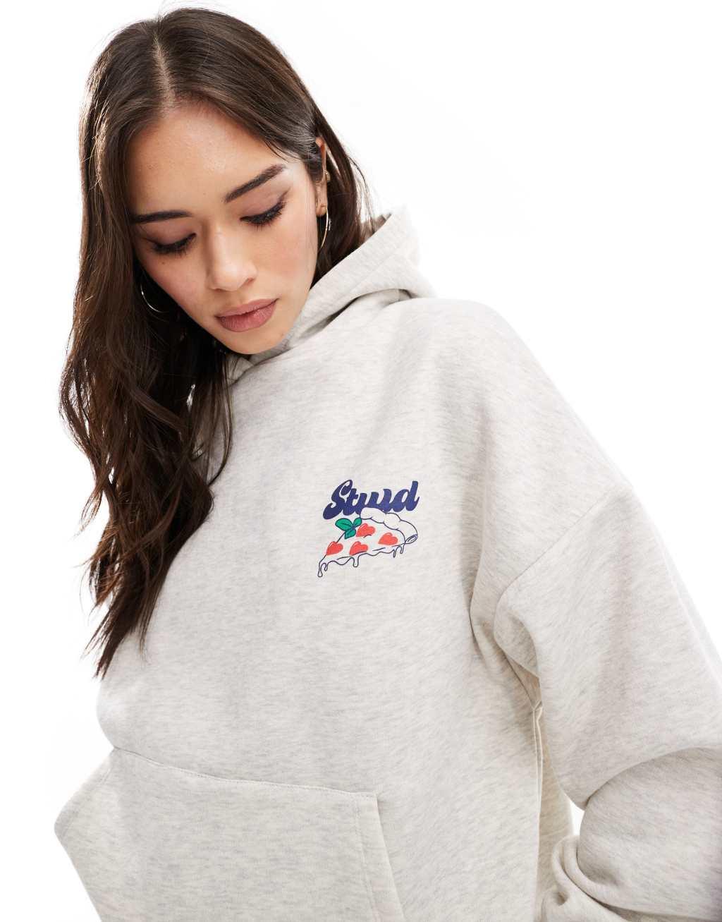 Pull&Bear STWD pizza graphic oversized hoodie in gray heather Product Image