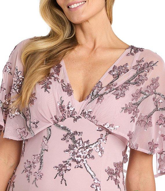 R & M Richards V Neck Flutter Sleeve Floral Embroidered Sequin Power Mesh A Line Gown Product Image