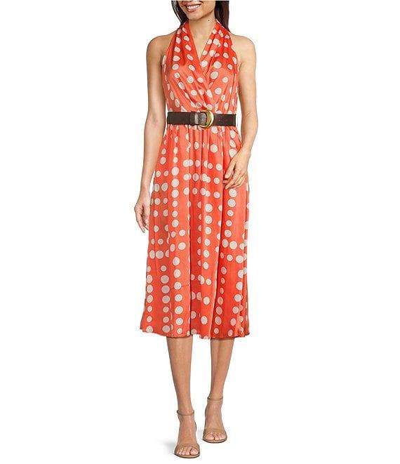 Donna Karan Halter Neck Polka Dot Print Belted Midi Dress Product Image