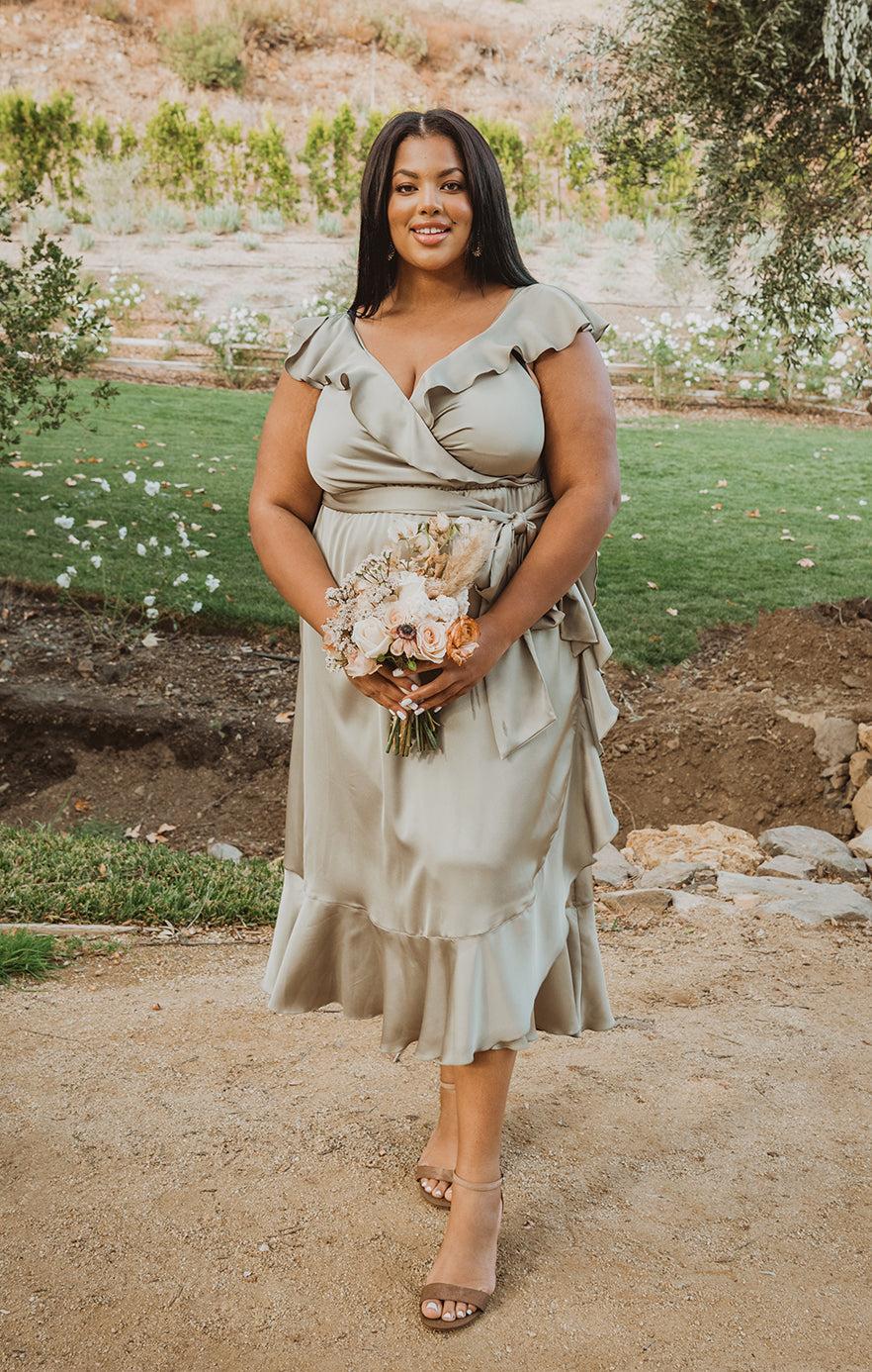 Samantha Ruffle Wrap Dress ~ Moss Green Luxe Satin Product Image