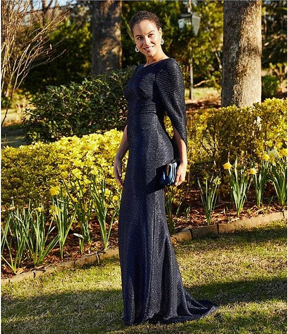 Betsy & Adam Drape Back Detail 3/4 Cape Sleeve Draped Round Neck Metallic Crinkle Ruched Sheath Gown Product Image