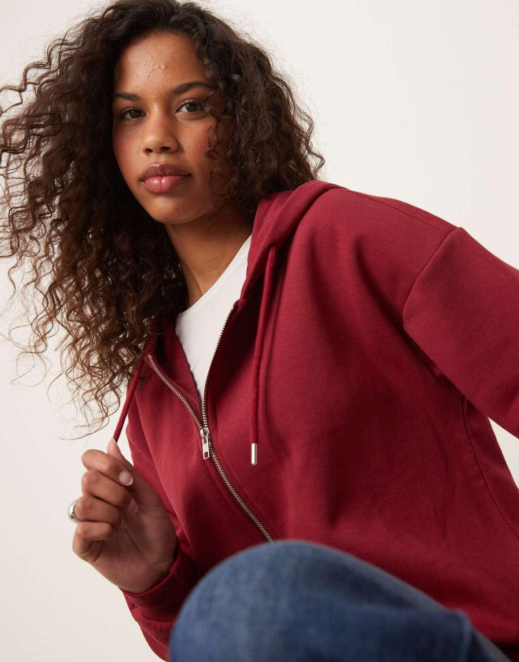 GINA TRICOT zip up oversized hoodie in burgundy Product Image