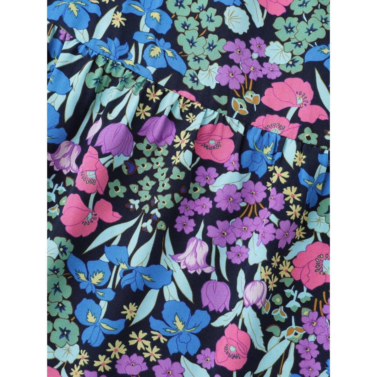 Plus Size Floral Contrast Webbing Neck Tie Midi Dress BlackFlower Women Elegant Woven ribbon&lace trim Flat collar with V-notch Short sleeve Curvy BloomChic 18-20/2X Product Image