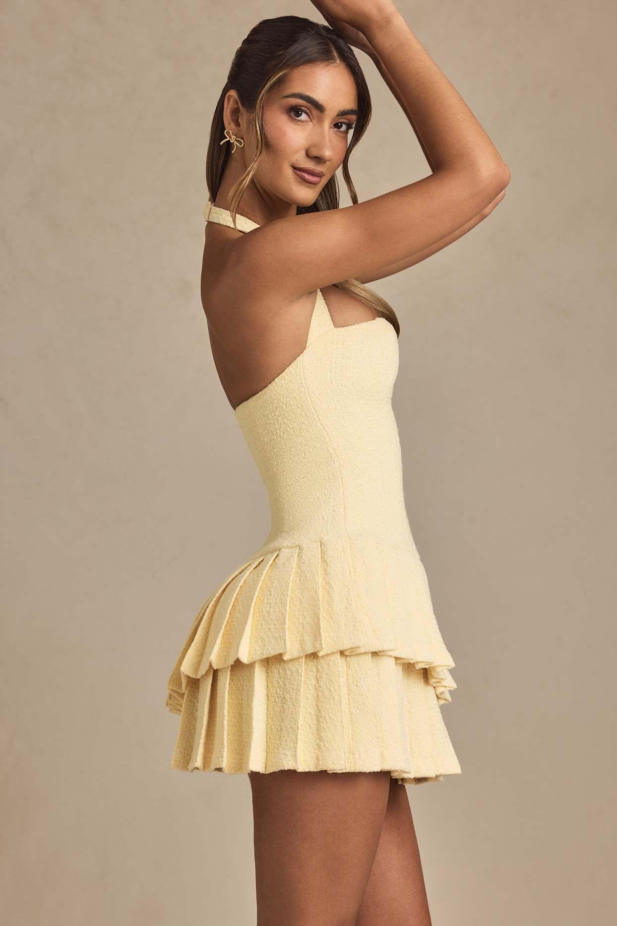 Asymmetric Layered Halterneck Mini Dress in Pastel Yellow Product Image