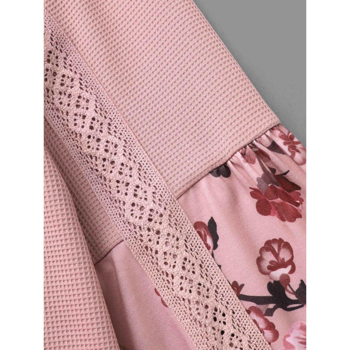 Plus Size Round Neck Floral Patchwork Woven Ribbon Sweatshirt Women Multicolor Elegant Woven ribbon&lace trim Round Neck Everyday Sweatshirts BloomChic 14-16/1X Product Image