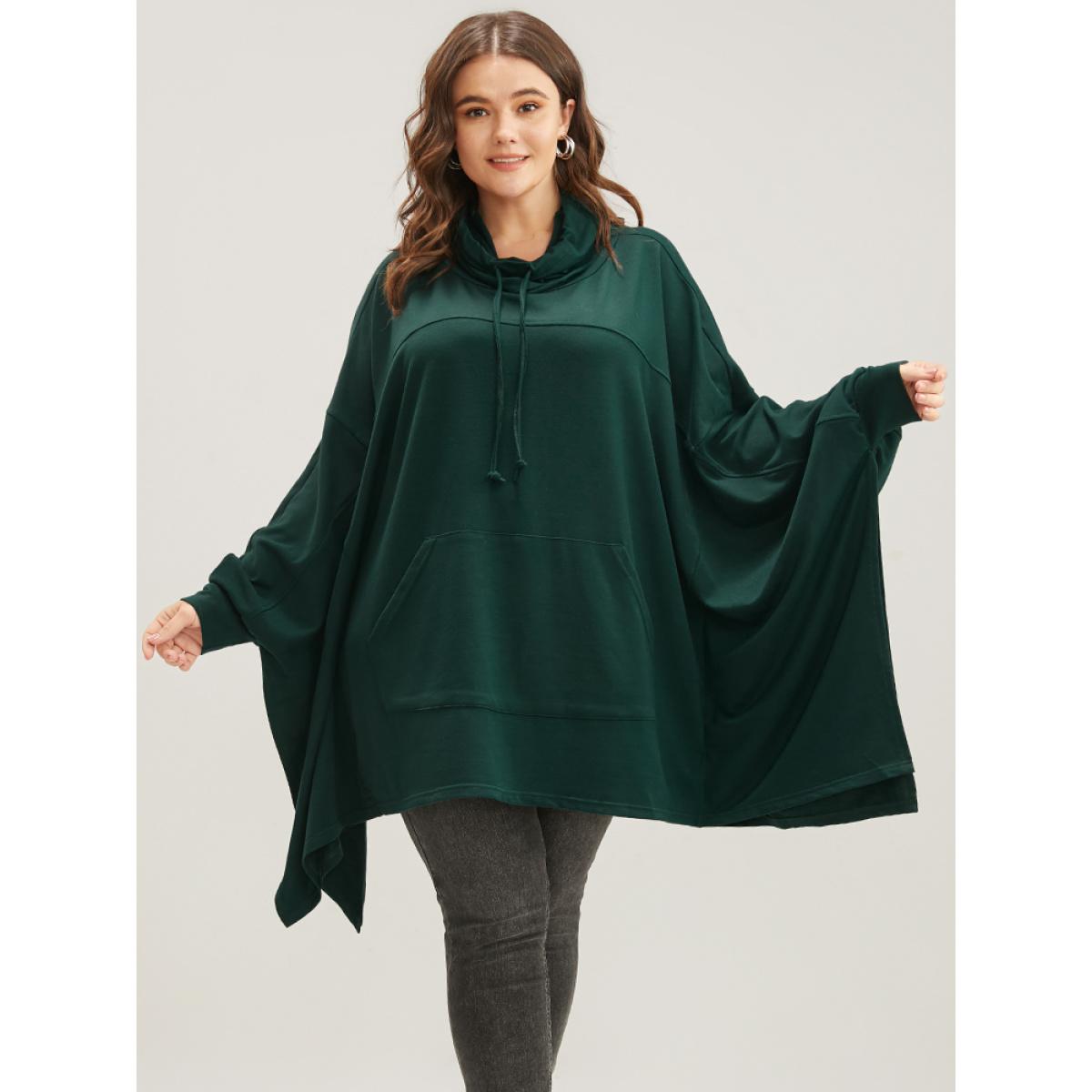 Plus Size Solid Pocket Dolman Sleeve Drawstring Sweatshirt Women DarkGreen Casual Asymmetrical Turtleneck Dailywear Sweatshirts BloomChic 10/M Product Image