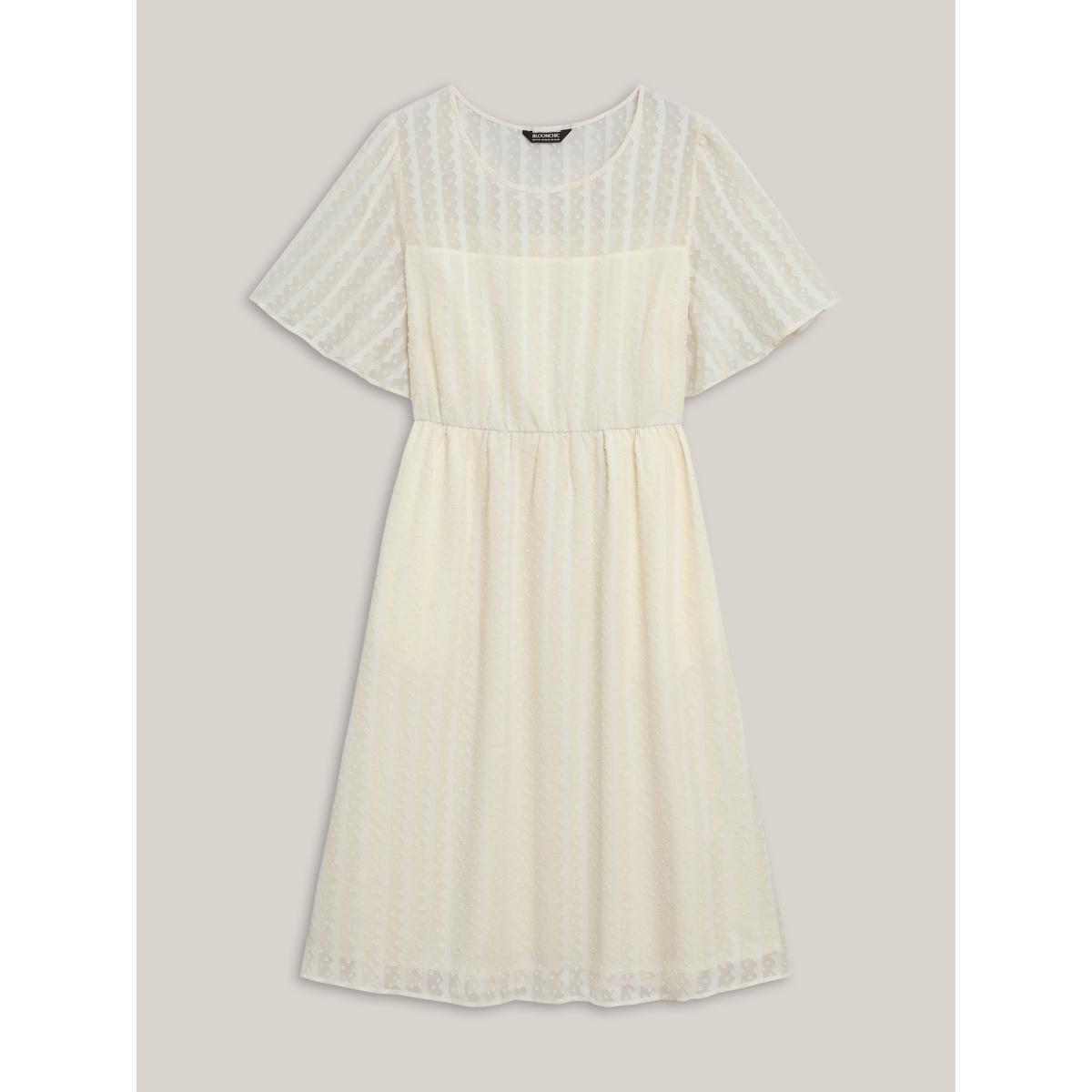 Plus Size Woven-Textured Feel Sheer Bodice Midi Dress Beige Women Elegant Texture Round Neck Short sleeve Curvy BloomChic 22-24/3X Product Image