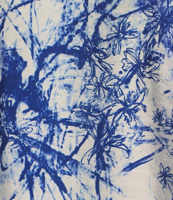 Calessa Petite Size Embroidered Printed Ruffled Split V-Neck Elbow Length Sleeve Tunic Product Image