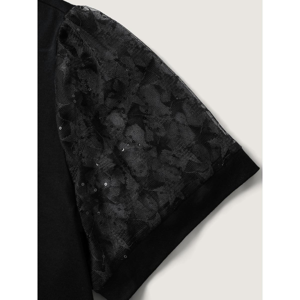 Plus Size Beaded Mesh Sheer Patchwork T-Shirt Black Women Gathered V-neck Everyday-Elegant T-shirts BloomChic 14-16/1X Product Image