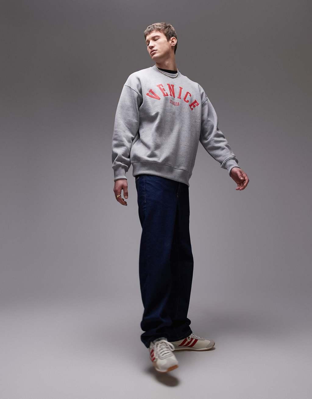 Topman oversized fit sweatshirt with Venice textured print in gray heather Product Image