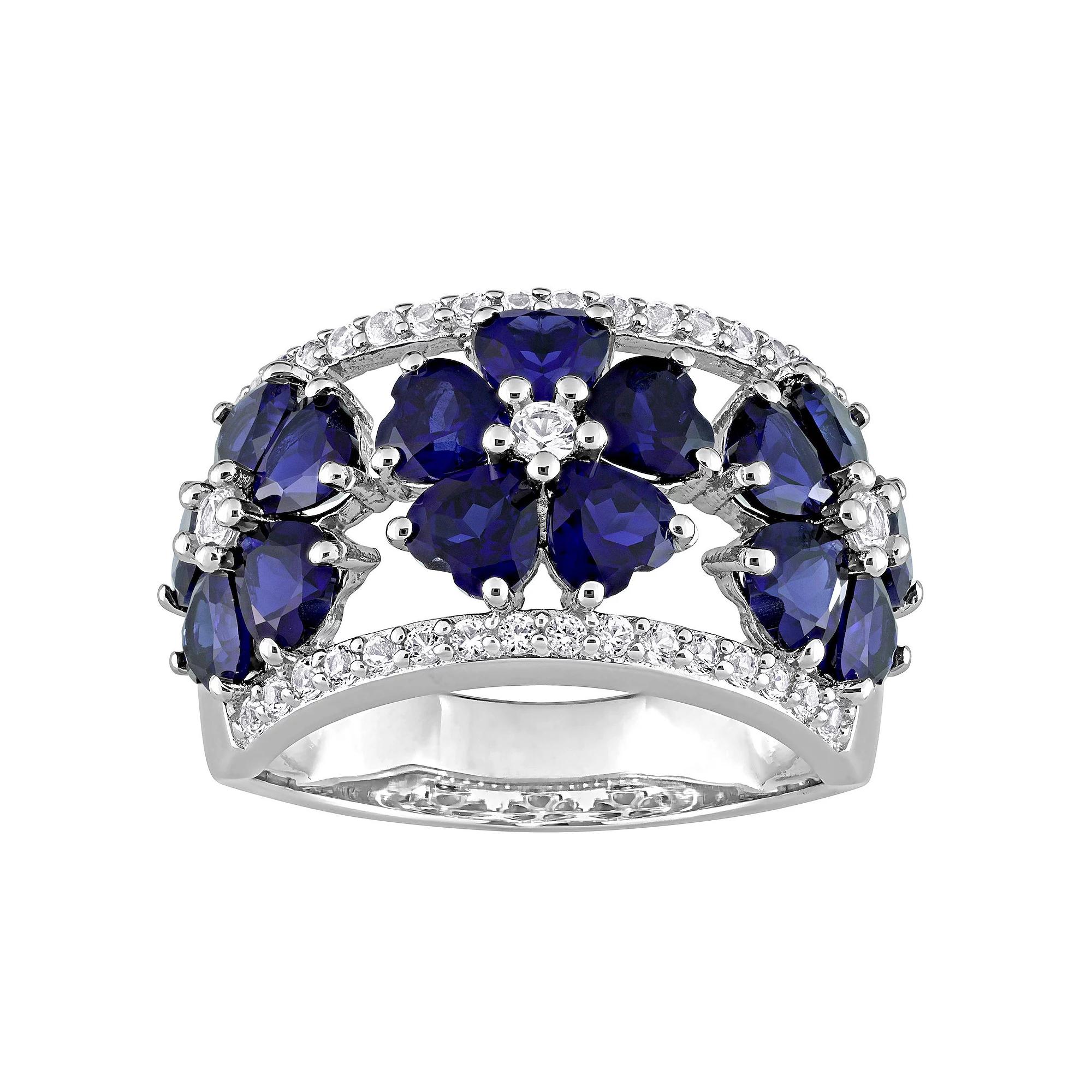 Stella Grace Sterling Silver Lab-Created Blue & White Sapphire Floral Ring, Womens Product Image