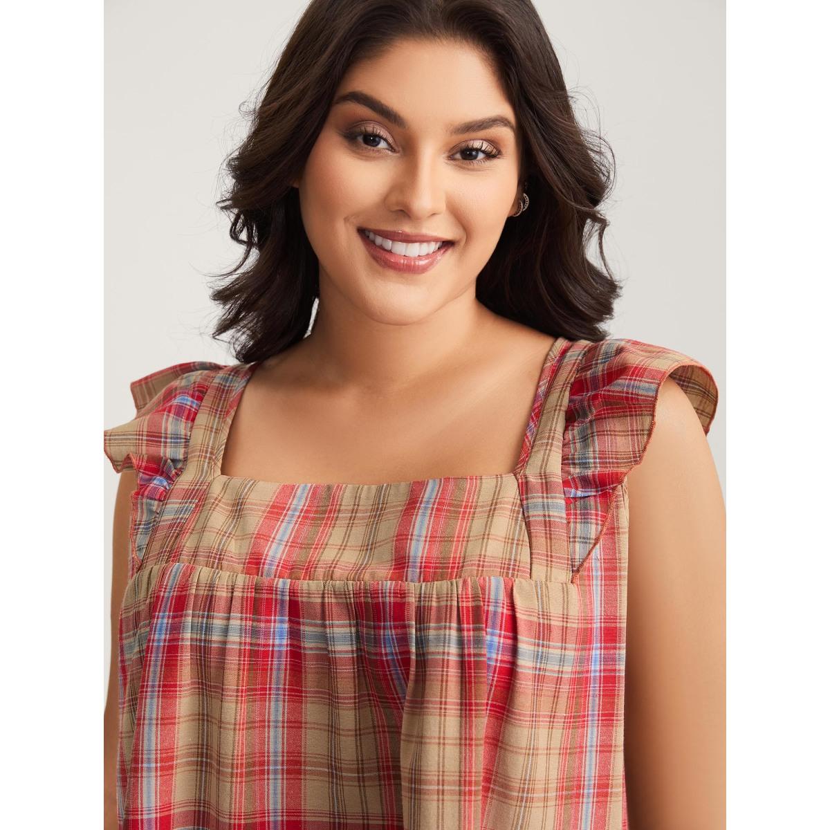 Plus Size Raspberry Plaid Print Flutter Sleeve Pleated Blouse Women Leisure Cap Sleeve Square Neck Casual Blouses BloomChic 28/5X Product Image